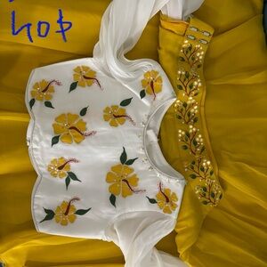 Elegant Floral Kids Formal Dress - White and Yellow indian crop top and lehenga